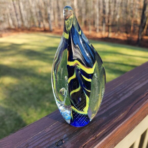Walter Prince Hand Blown Glass Paperweight Signed  1995 Blue Yellow Swirl Bubble - Picture 2 of 5